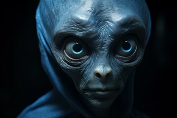 Close-up of an alien with blue skin and large eyes on a dark background