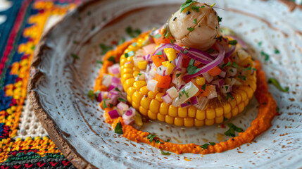 Peruvian ceviche with fresh seafood on a colorful corn base, presented on a beautiful andean textile