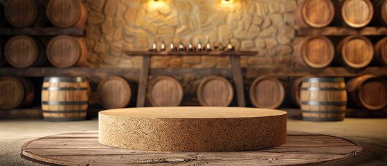 Blank cork podium mockup at a vineyard tasting room, surrounded by wine barrels and rustic decor, suitable for high-end wine accessories.