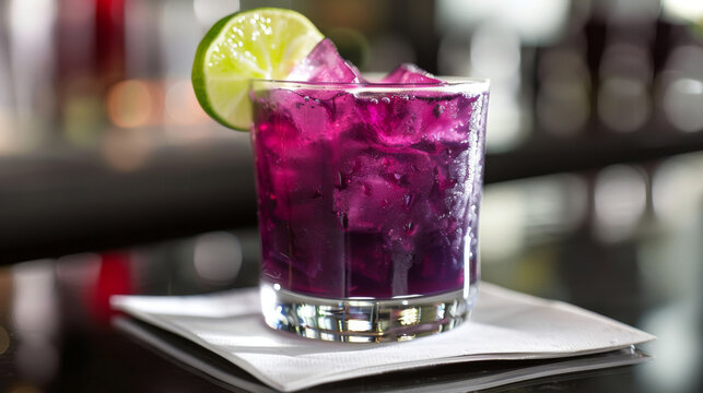 Refreshing glass of chicha morada, made from peruvian purple corn, garnished with a lime slice, served on a bar counter