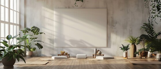 Blank inspirational poster mockup on a peaceful yoga studio wall, surrounded by meditation props and plants, ideal for mindfulness themes.