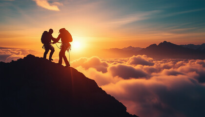 silhouette of climbers helping each other reach the top of mountain cloudy sky at sunset time
