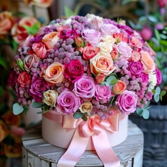 Bouquet of red and pink roses in a round vase with a pink bow on a round table