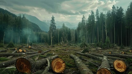 Deforestation, half cut tree trunk among forest logs, nature pollution - Powered by Adobe