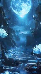 Enchanting moonlit lotus pond illustration