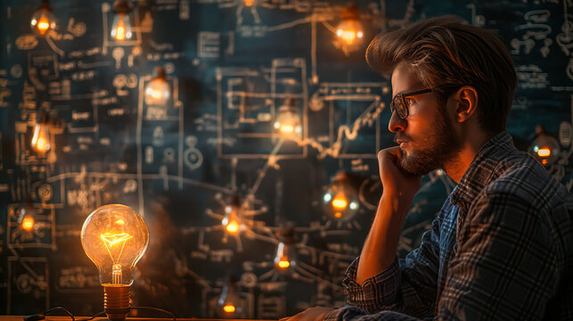 pensive man looking at glowing light bulb in dark room full of hanging lights