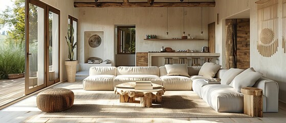 Design a modern living room with a rustic, bohemian vibe