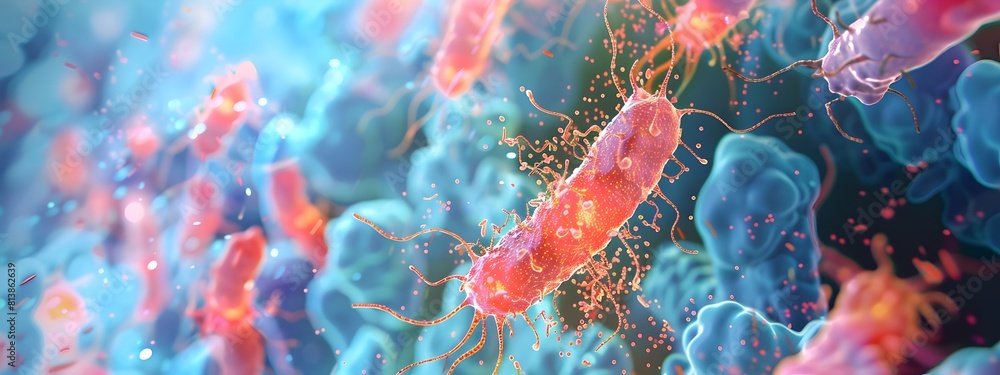 Poster visualization of bacterial communication networks showcasing quorum sensing molecules and signaling