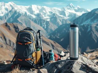 Blank stainless steel travel bottle mockup on a mountain peak, surrounded by trekking poles and a backpack, ideal for outdoor adventure brands.