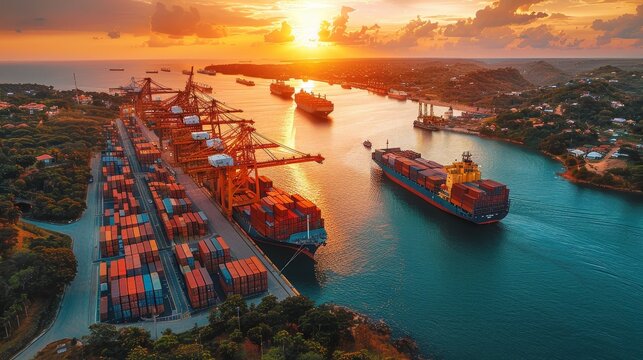 Futuristic digital logistics network  cargo container distribution for import and export