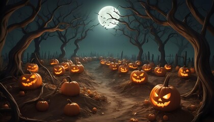 Craft an image of a halloween pumpkin patch surrou