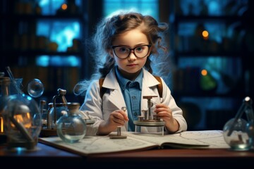 Curious little girl poses as a scientist in a home lab with books and chemical glassware