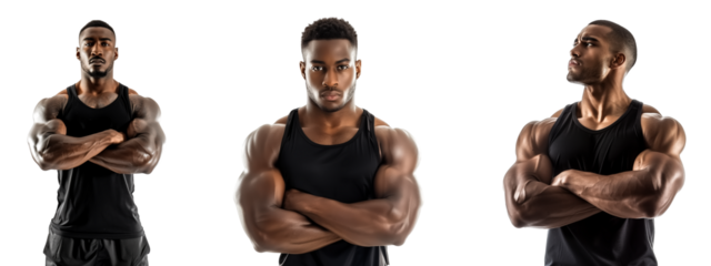 set of a strong young athlete man wearing black tank top showing big double biceps muscle, isolate on transparent background