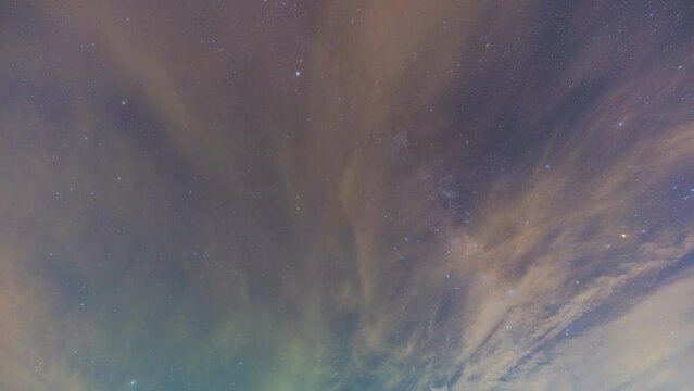 Time lapse Milky Way on a cloudy night. The long night saw the Milky Way begin to perpendicular to the sky. Clouds followed by, obscuring the sky and stars. The night sky sparkles with stars.
