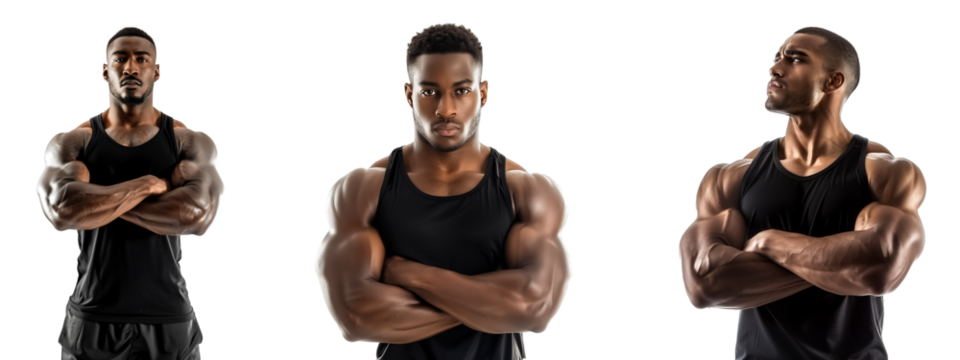 set of a strong young athlete man wearing black tank top showing big double biceps muscle, isolate on transparent background