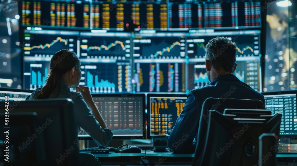 Poster the two successful stock exchange traders use a computer to discuss commodities investing with an in