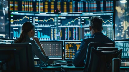 Fototapeta premium The two successful stock exchange traders use a computer to discuss commodities investing with an international business partner, while in a monitoring center with multiple computer screens
