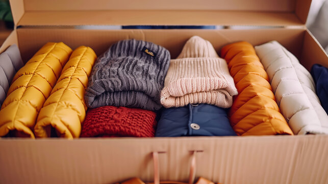 A box full of winter clothes ready for donation for goodwill or a shipping of a retail company