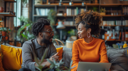 Two black colleagues talking and working on a shared project in a trendy office or design studio with their laptop