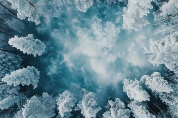 Looking down at a winter wonderland, the snow-covered trees create a stunning scene