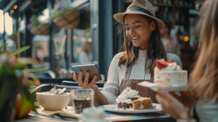 In a cafe, friends eat cake desserts on a terrace and close the bill using a contactless NFC function on mobile phones. - Powered by Adobe