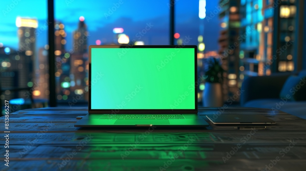 Sticker Green Screen Mock-up on a Laptop Standing on a Wooden Table with Neon Lights in Background. Desk of Creative Designer.