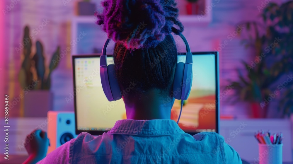 Poster an african-american female programmer listens to music while working on her desktop computer. focuse