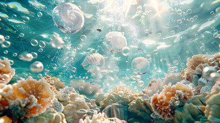 Coral bleaching by climate change. Dead and dying coral reef due to global warming and boiling