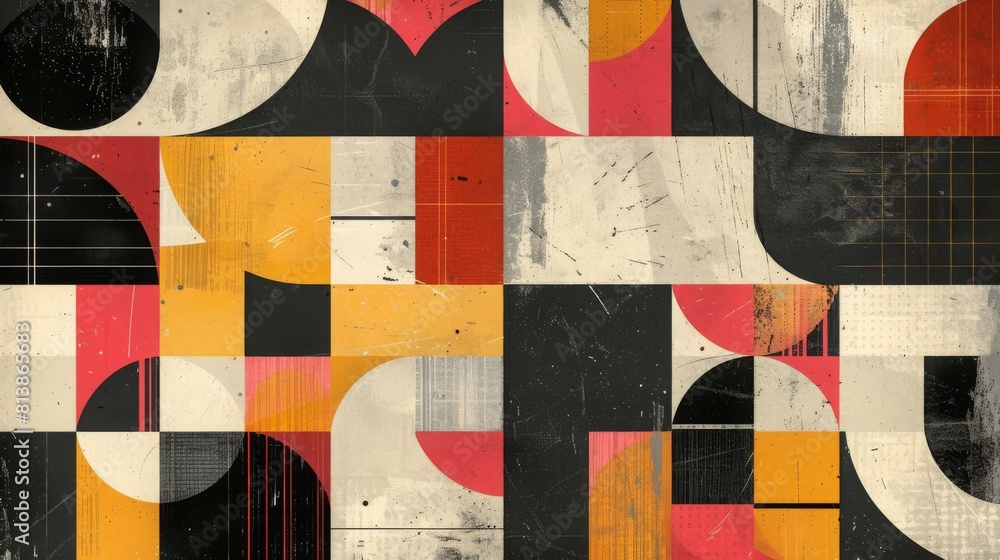 Poster an abstract painting featuring dynamic black, yellow, red, and white shapes interacting and overlapp