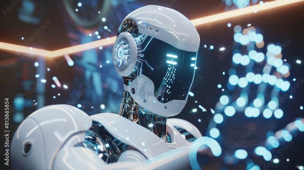 Poster this is a 3d render of artificial intelligence robot activating web 4.0. a humanoid virtual assistan