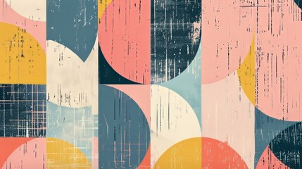 mid-century modern geometric pattern with a distressed texture in mustard yellow, dusty pink, teal, and white.