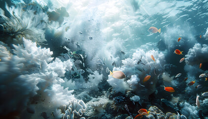 Coral bleaching by climate change. Dead and dying coral reef due to global warming and boiling