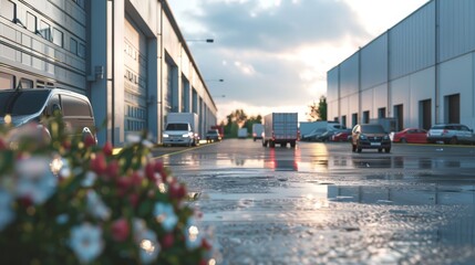 Camera surveillance outside logistics retailer warehouse with cars parked and delivery truck driving. Storehouse Delivery: Online Orders, Purchases, E-Commerce Goods, Retailer Products, Goods.