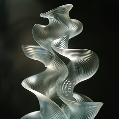 Abstract glass sculpture with dynamic curves and soft lighting on a reflective surface.