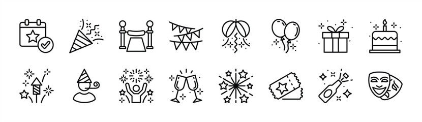 Event thin line icon set. Containing calendar, confetti, decoration, present, fireworks, masks, balloons, cake, ticket, drinks, champagne, celebration, and party. Vector illustration
