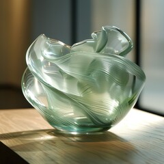 Elegant glass sculpture with wavy design, casting soft shadows in natural light by window blinds.