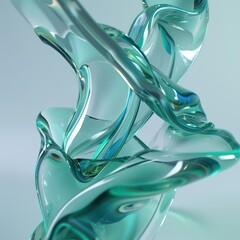 Abstract twisted glass sculpture with a turquoise tint on a light blue background.