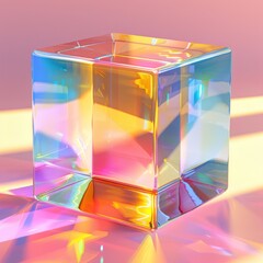 Abstract 3D rendering of colorful transparent cubes in a bright, modern space.