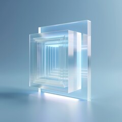 Abstract 3D illustration of a transparent cube with a glowing blue core and nested cubes inside, on a soft blue background.