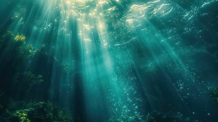 underwater abstract scene with light rays filtering through the ocean, illuminating the aquatic life