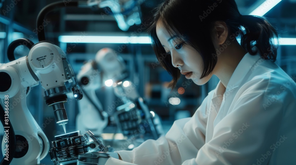 Poster analyzing and monitoring conditions at a modern electronics factory with automated robot hands and a