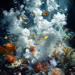Coral bleaching by climate change. Dead and dying coral reef due to global warming and boiling