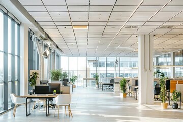 white drop ceiling in large open plan office interior modern workplace architecture