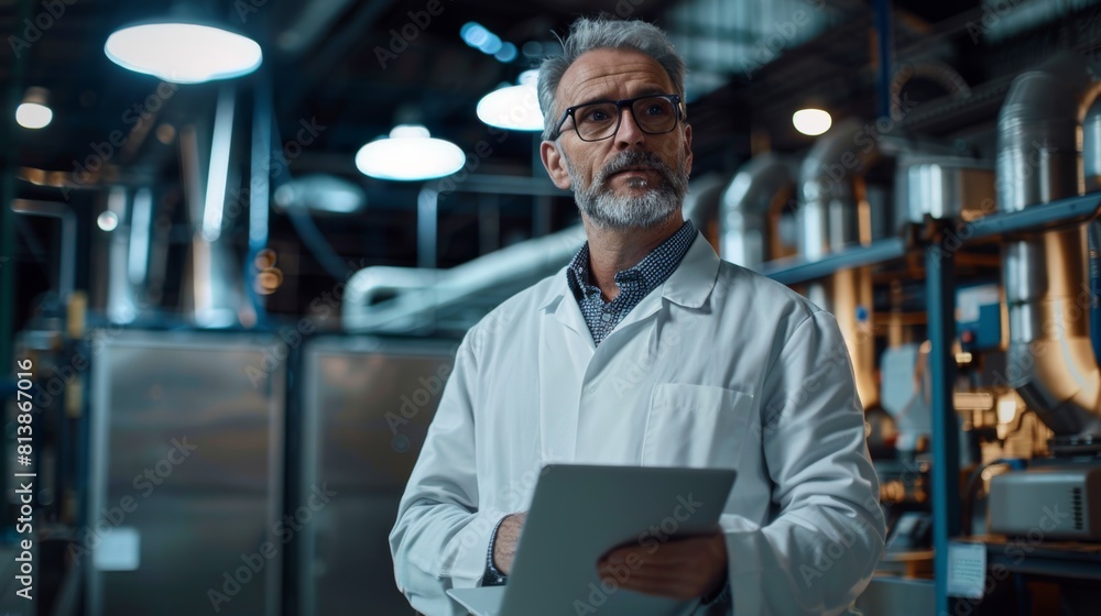 Poster photograph of a handsome middle-aged engineer in glasses using a laptop computer and browsing a fact
