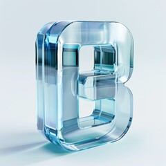 3D glass letter B with a transparent effect on a light blue background.