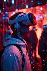 Man experiencing virtual reality with a VR headset in a neon-lit room with immersive lights and reflections.