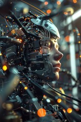 Futuristic robotic face with fragments dispersing, concept of artificial intelligence and technology.
