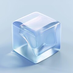 Transparent ice cube with soft shadows on a light blue background.