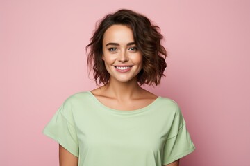 Obraz premium A woman with a green shirt is smiling and looking at the camera
