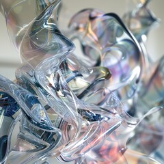 Abstract close-up of iridescent glass sculpture with intricate twists and light reflections.